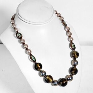 Artisan Beaded Necklace Lampwork Glass Faux Pearl Mauve Bronze Olive 19 Inch